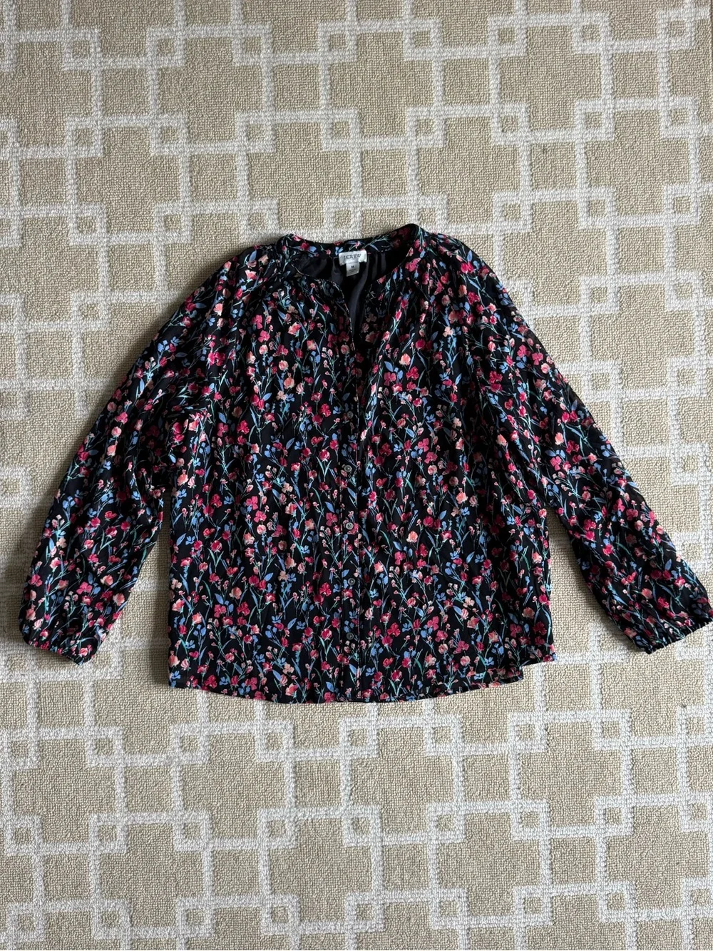 J. Crew Floral Boho Peasant Blouse Black Long Sleeve Lightweight Summer Top M